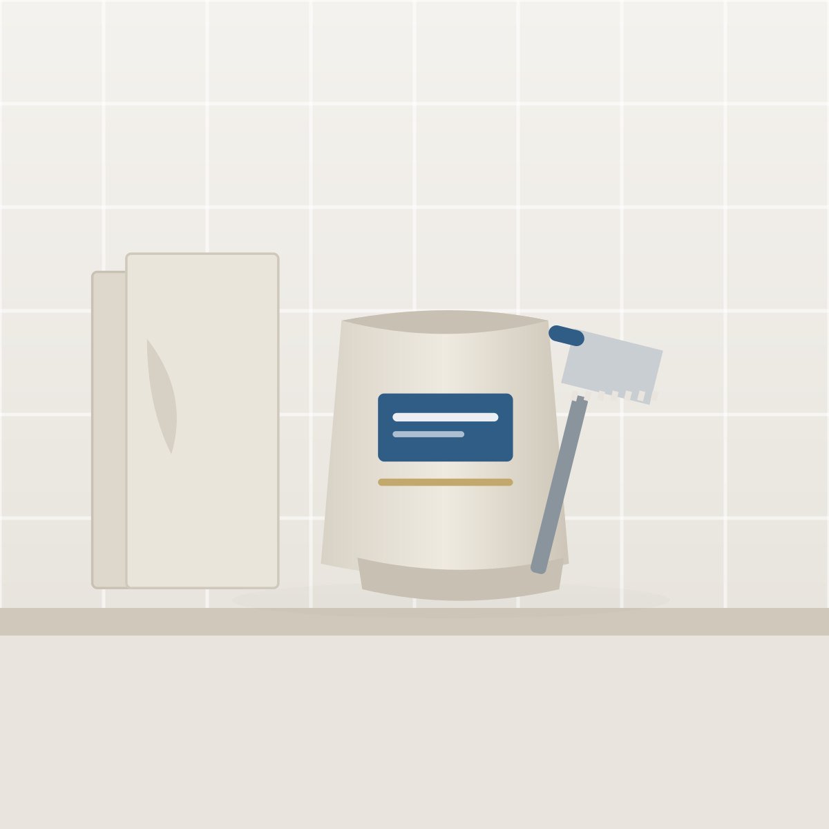 Sack of tile adhesive with a notched trowel